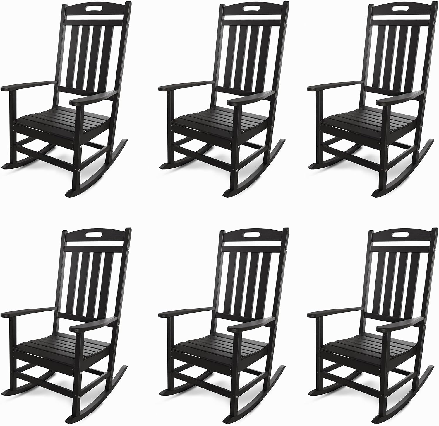 Outdoor Rocking Chair Set of 6, All-Weather Resistant Poly Lumber Rocker Chair Outdoor, High Back Plastic Patio Rocking Chairs for Outside Porch Rocker Garden Lawn, Black