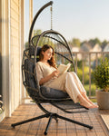 SWITTE Egg Chair Outdoor with Footrest & Stand, Indoor Wicker Hanging Egg Swing Hammock Chair with Cushion for Patio, Bedroom, Garden - Charcoal