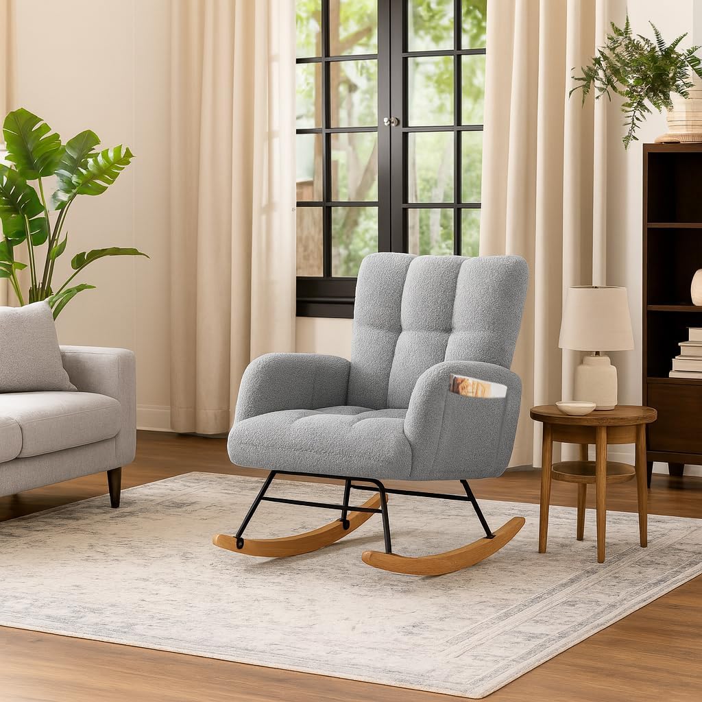 COMHOMA Nursery Rocking Chair, Teddy Upholstered Glider Rocking Chair with Side Pockets, Accent Chair with High Backrest Reading Chair for Adult, Nursery, Bedroom, Living Room,Offices(Grey)
