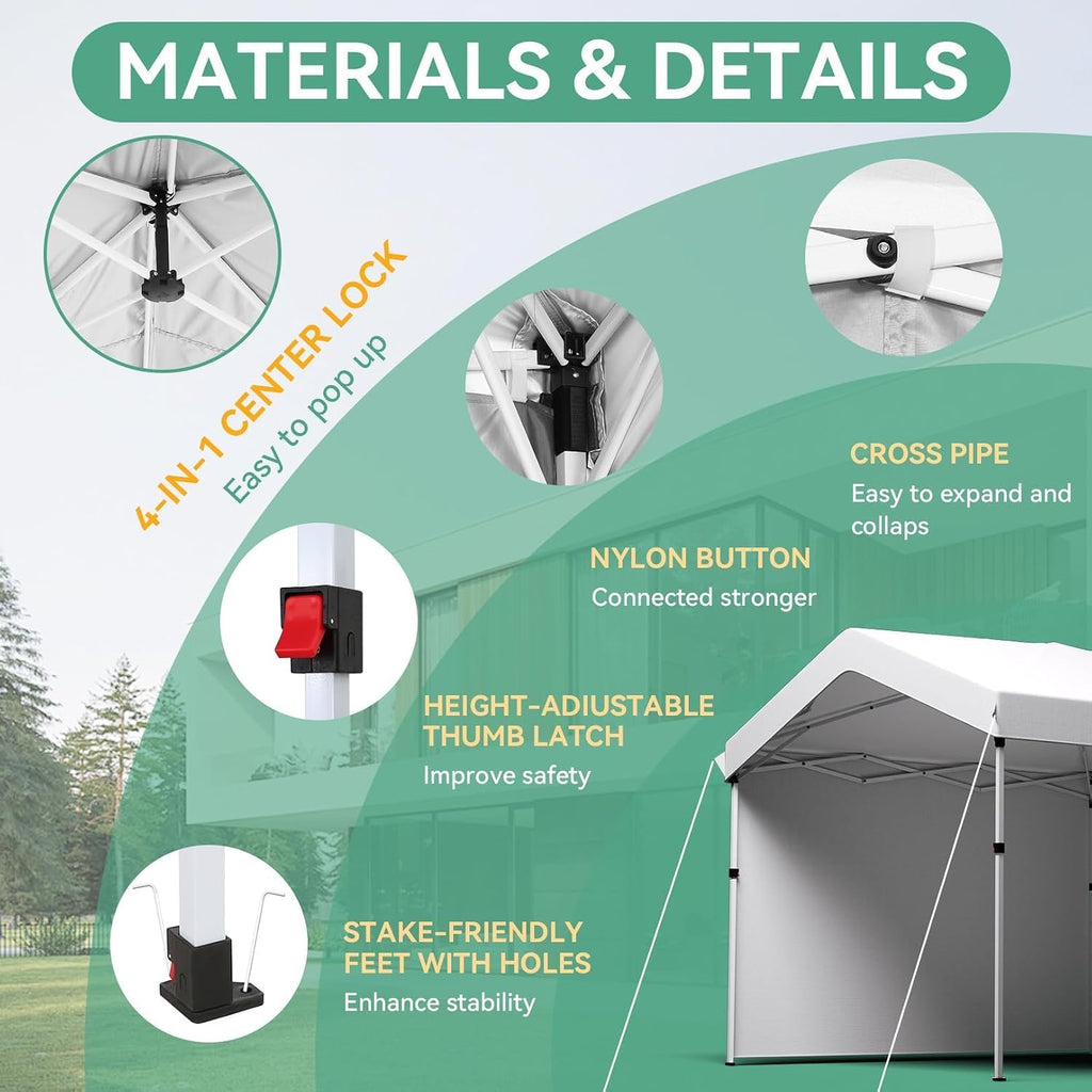 COBIZI 10x30 Pop Up Canopy with One Button Push Center Lock,Ez Up Portable Carport with 3 sidewalls,Waterproof UV50+ Outdoor Party Commercial Carport Canopy Gazebos with Roller Bag(10 x 30 ft White)