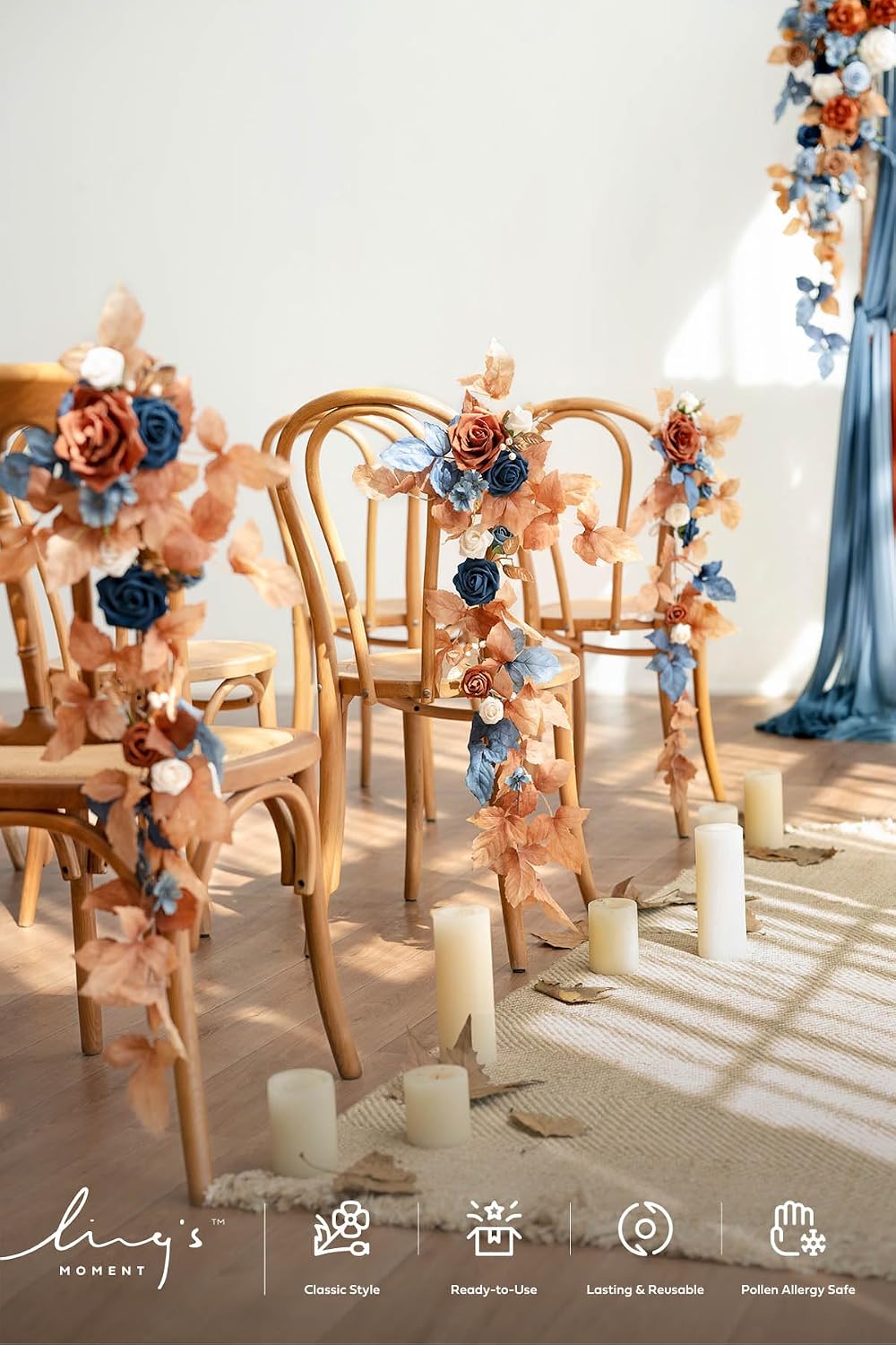 Ling's moment Fall 10pcs Wedding Chair Decorations Aisle Floral Swag Artificial Pew Flowers Hanging Garland Terracotta Burnt Orange & Navy Blue for Ceremony Reception Church Rose Floral Party Outdoor