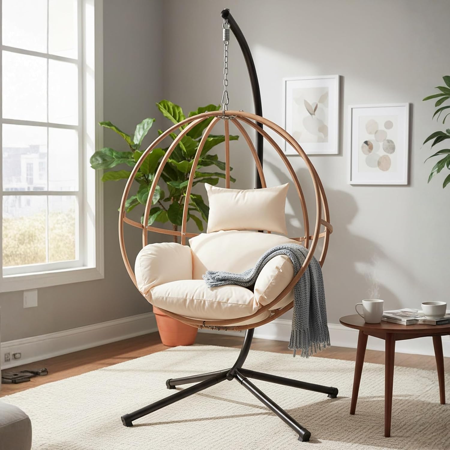 Egg Chair with Stand, Egg Swing Chair with Stand Outdoor, Outdoor Indoor Egg Swing Chair with Cushion Headrest for Patio, Porch, Balcony, Bedroom, Beige