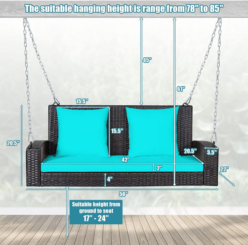 Tangkula 2-Person Wicker Hanging Porch Swing, Patiojoy Outdoor Rattan Swing Bench W/ 2 Back Cushions & 1 Seat Cushion, Sturdy Steel Chain, 800lbs Weight Capacity, Suitable for Deck, Backyard, Garden