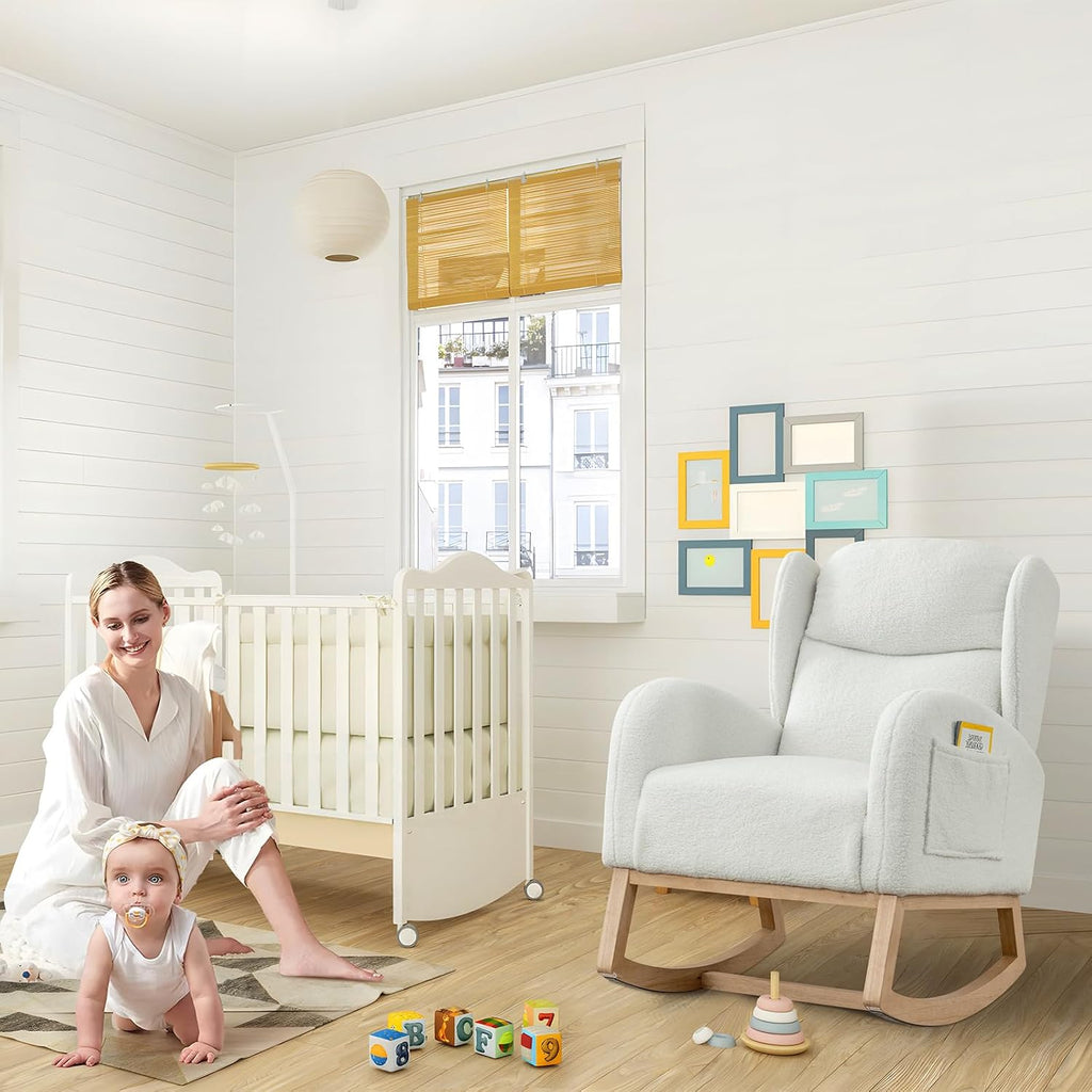 Rocking Glider Chair for Nursery, Wingback Teddy Accent Rocker Chair Upholstered Tall Back Arm Chair w/Side Pockets, Modern Leisure Single Sofa for Living Room, Hotel, Bedroom, Baby Room, Ivory