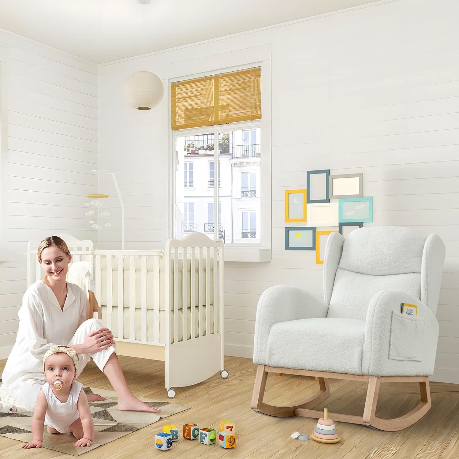 Rocking Glider Chair for Nursery, Wingback Teddy Accent Rocker Chair Upholstered Tall Back Arm Chair w/Side Pockets, Modern Leisure Single Sofa for Living Room, Hotel, Bedroom, Baby Room, Ivory