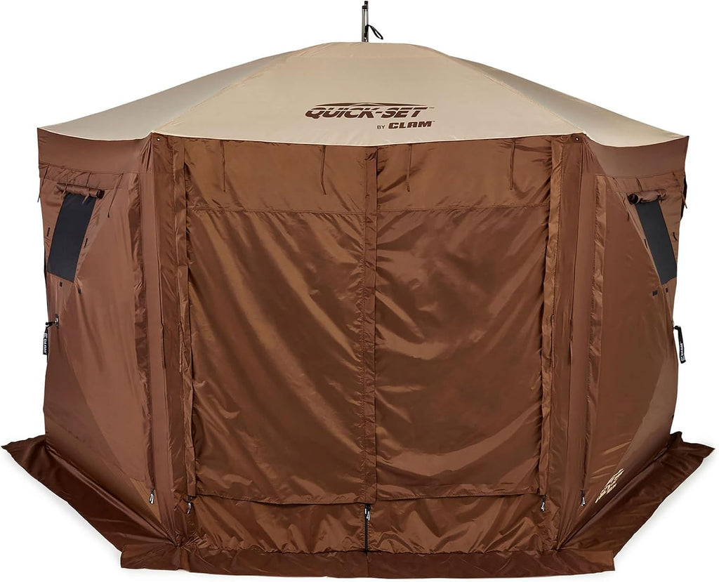 CLAM Quick Set Pavilion 12.5 x 12.5 Foot Portable Pop Up Outdoor Camping Gazebo Screen Tent Canopy Shelter and Carry Bag with Tarp Cover, Brown