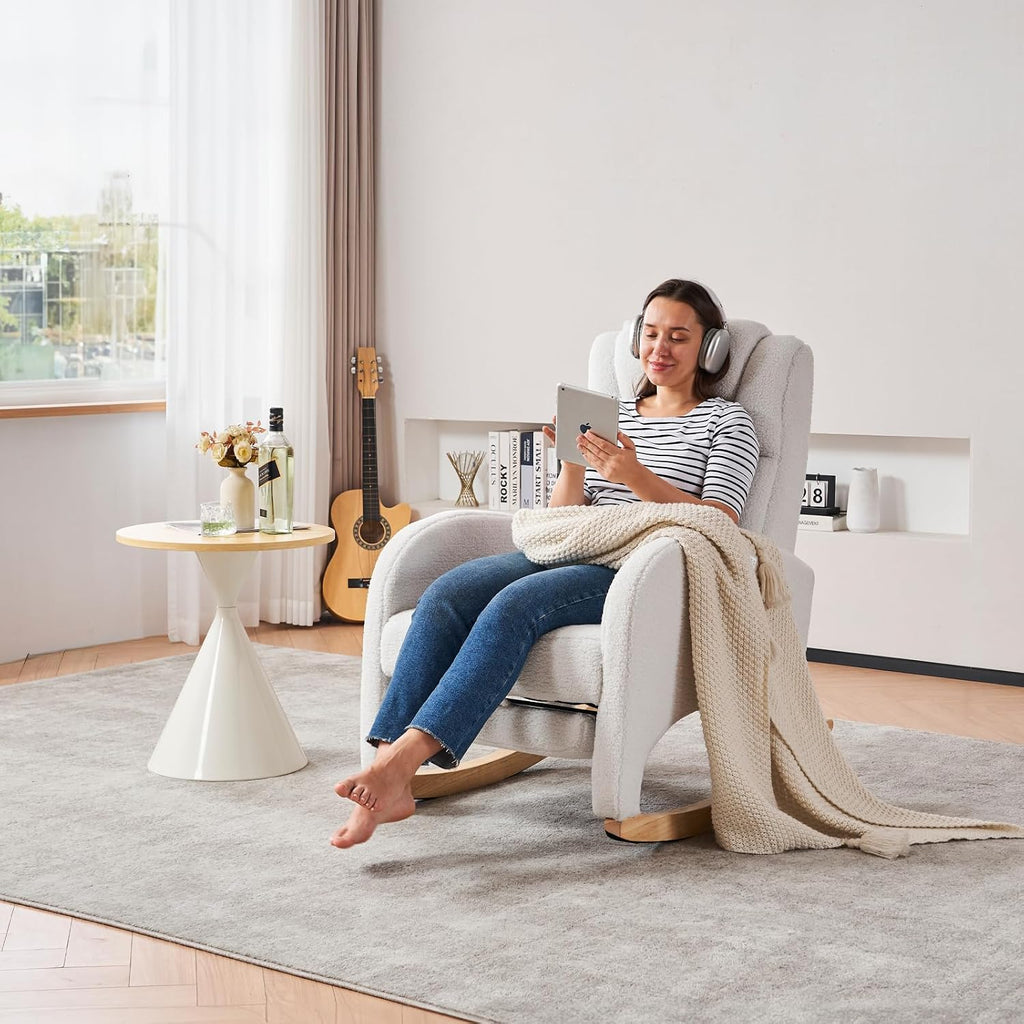 FOXHUNTER Rocking Chair Nursery, Modern Glider Chair with Adjustable Footrest and Solid Wood Legs, High Backrest Nursery Chair with Side Pocket, Rocker Armchair for Living Room Bedroom, Teddy Ivory
