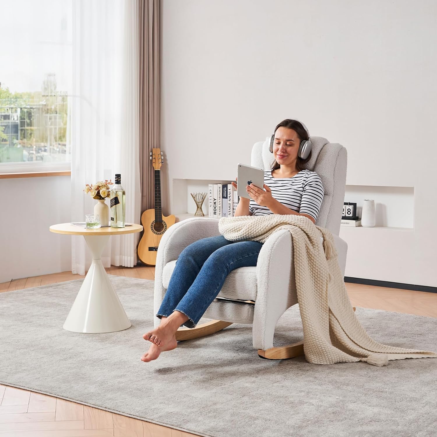 FOXHUNTER Rocking Chair Nursery, Modern Glider Chair with Adjustable Footrest and Solid Wood Legs, High Backrest Nursery Chair with Side Pocket, Rocker Armchair for Living Room Bedroom, Teddy Ivory