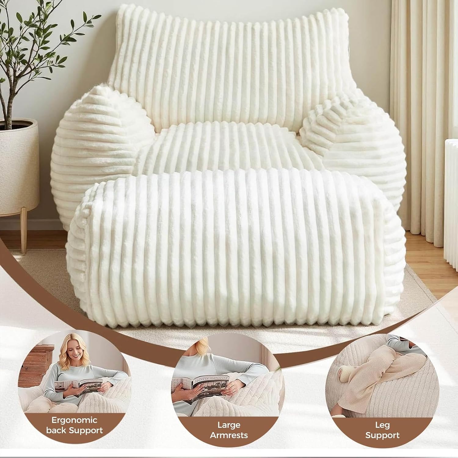 LKD Oversized Bean Bag Chairs for Adults,Bean Bag Chair with arms,Plush Bean Bag,Modern Living Room Decorative Chair,Corner Chair Bedroom,Reading Sofa, Dormitory Lounge Chairs (White, with Ottoman)