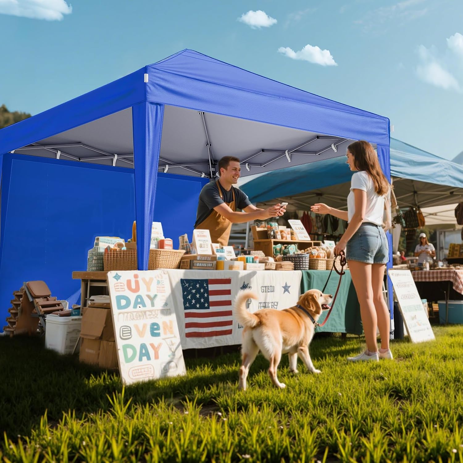 Driftalia 10x10 Pop Up Canopy with Sidewalls, Outdoor Instant Canopy Tent with Carry Bag for Commercial Events, Camping, Backyard Parties - Blue