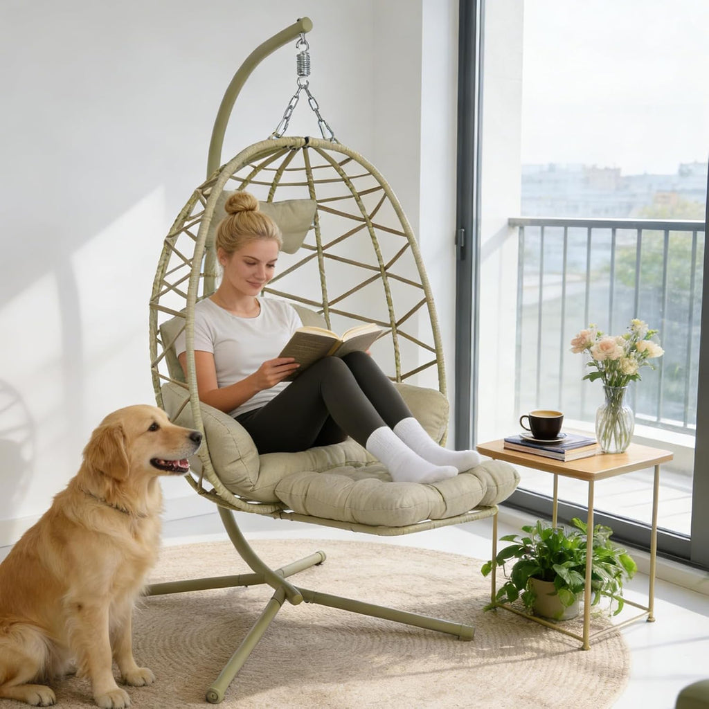 Hanging Egg Chair with Stand & Leg Rest,Rattan Wicker Swing Chair with Cushion,Patio Basket Hanging Chair Wicker Hammock Chair for Indoor Outdoor Bedroom Garden,300LBS (Coffee Rattan&Coffee Cushion)