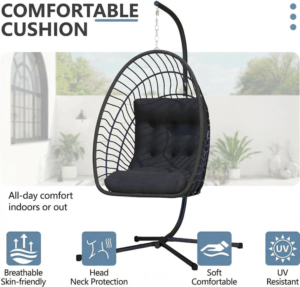 Kingdura Hanging Egg Chair with Stand Indoor Outdoor, Foldable Rattan Wicker Hammock Egg Swing Chair for Bedroom Porch Patio Garden, Thickened Cushion, 350LBS Capacity, Heavy Duty Frame