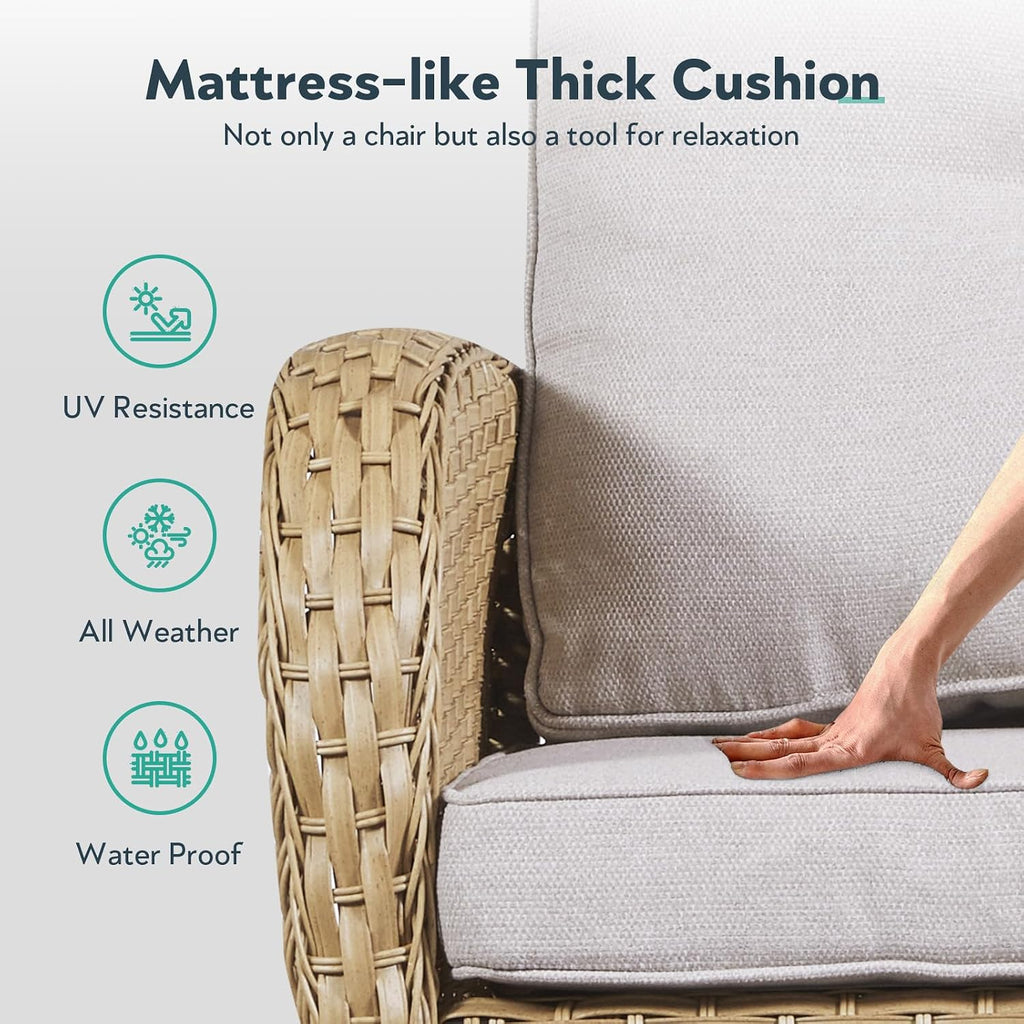 Outdoor Rocker Swivel Glider Chair - 3 Piece Wicker Patio Furniture Set, All Weather Patio Bistro Set with Glass Side Table for Balcony Porch Deck Backyard - Yellow Wicker Beige Cushion