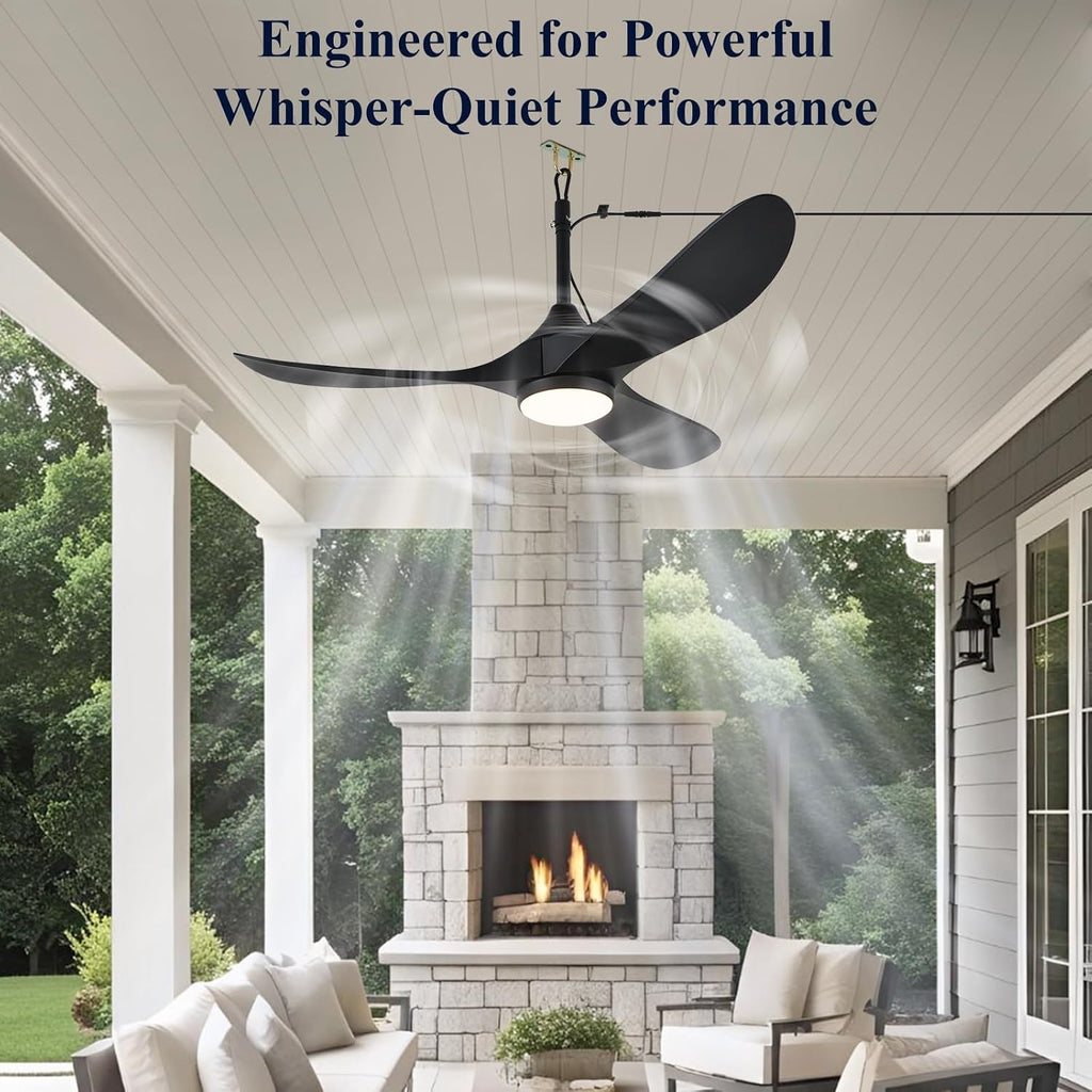 Outdoor Ceiling Fan with Light Waterproof - Plug in Hanging Hook for Patio, Porch, Gazebo - 42 inch Wet Rated Weatherproof Exterior Black 3 Blades Ceiling Fan with Remote