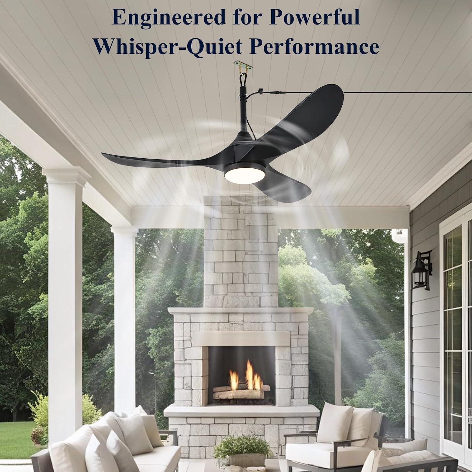 Outdoor Ceiling Fan with Light Waterproof - Plug in Hanging Hook for Patio, Porch, Gazebo - 42 inch Wet Rated Weatherproof Exterior Black 3 Blades Ceiling Fan with Remote