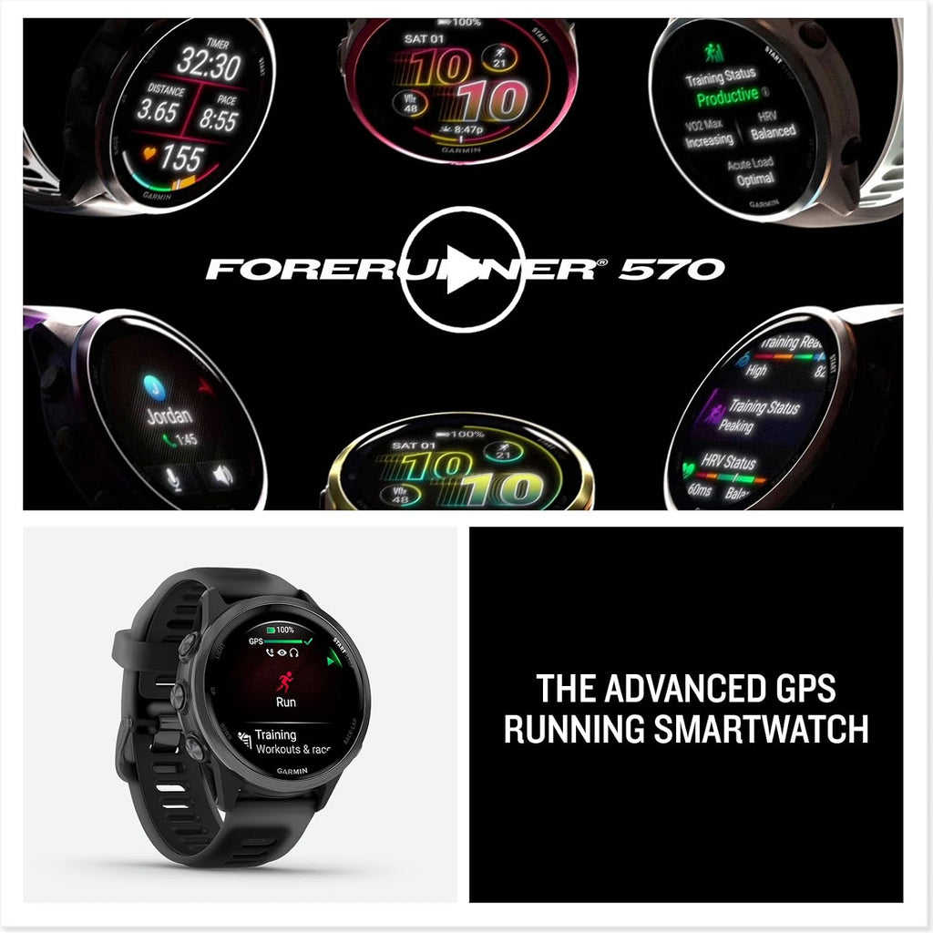 Garmin Forerunner 570 (42 mm, Slate Gray/Translucent Black) Running GPS Smartwatch - AMOLED Display, Training & Recovery - Gift Box Bundle with PlayBetter HD Screen Protectors, Wall Adapter & Case