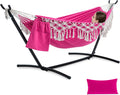 PNAEUT Handmade Tassel Hammocks, Double Hammock with Stand for Outside, Max 450 lbs Capacity, Pillow & Storage Bag Included (Pink)