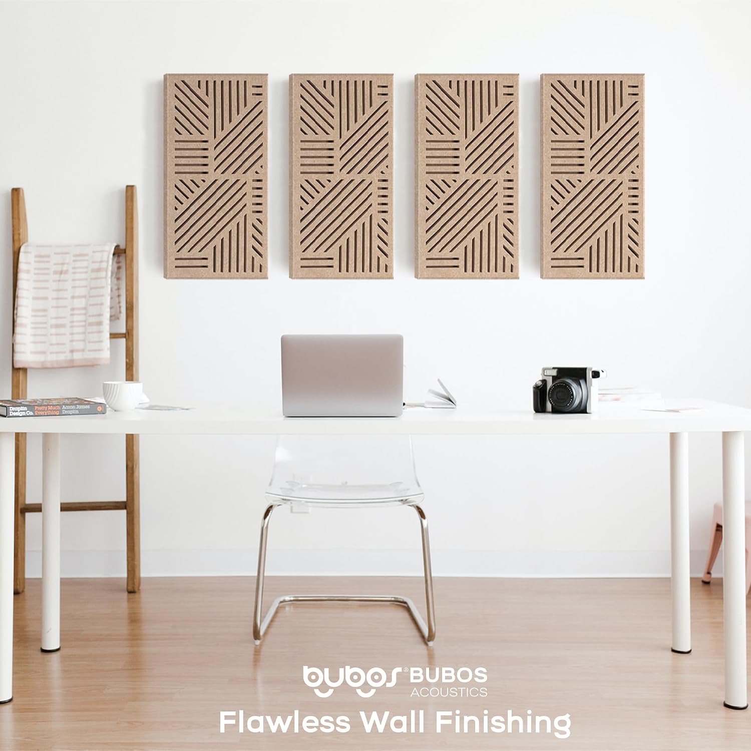 BUBOS 4 Pack Acoustic Wall Panels - Professional Self-Adhesive Sound Absorbing Slotted Cavity Panels for Enhanced Audio Clarity - High-Density Soundproofing for Home Office, Studio, Gaming & Gym-Brown