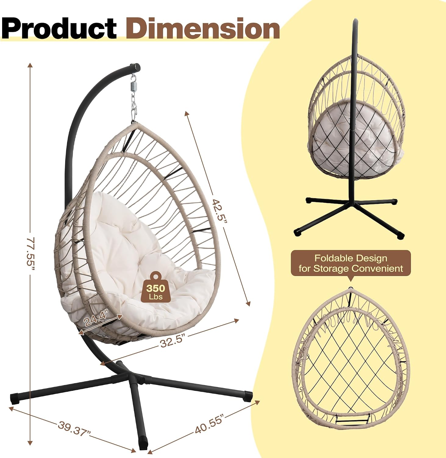 Hanging Egg Chair with Stand, Foldable Swing Hammock Chair, All-Weather Core-Spun Polyester Rope, Yarn-Dyed Cushion, 350LBS, Indoor Outdoor Patio Balcony (White Cushion)