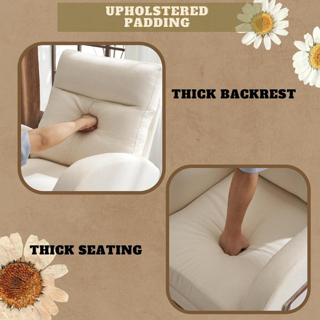 VINGLI Beige Linen Nursery Rocking Chair with Thick Headrest,Mid-Century Modern Nursing Rocker,Upholstered Glider with Curved Armrest, Sturdy Solid Wood Base for Living Room, Bedroom, Baby Room