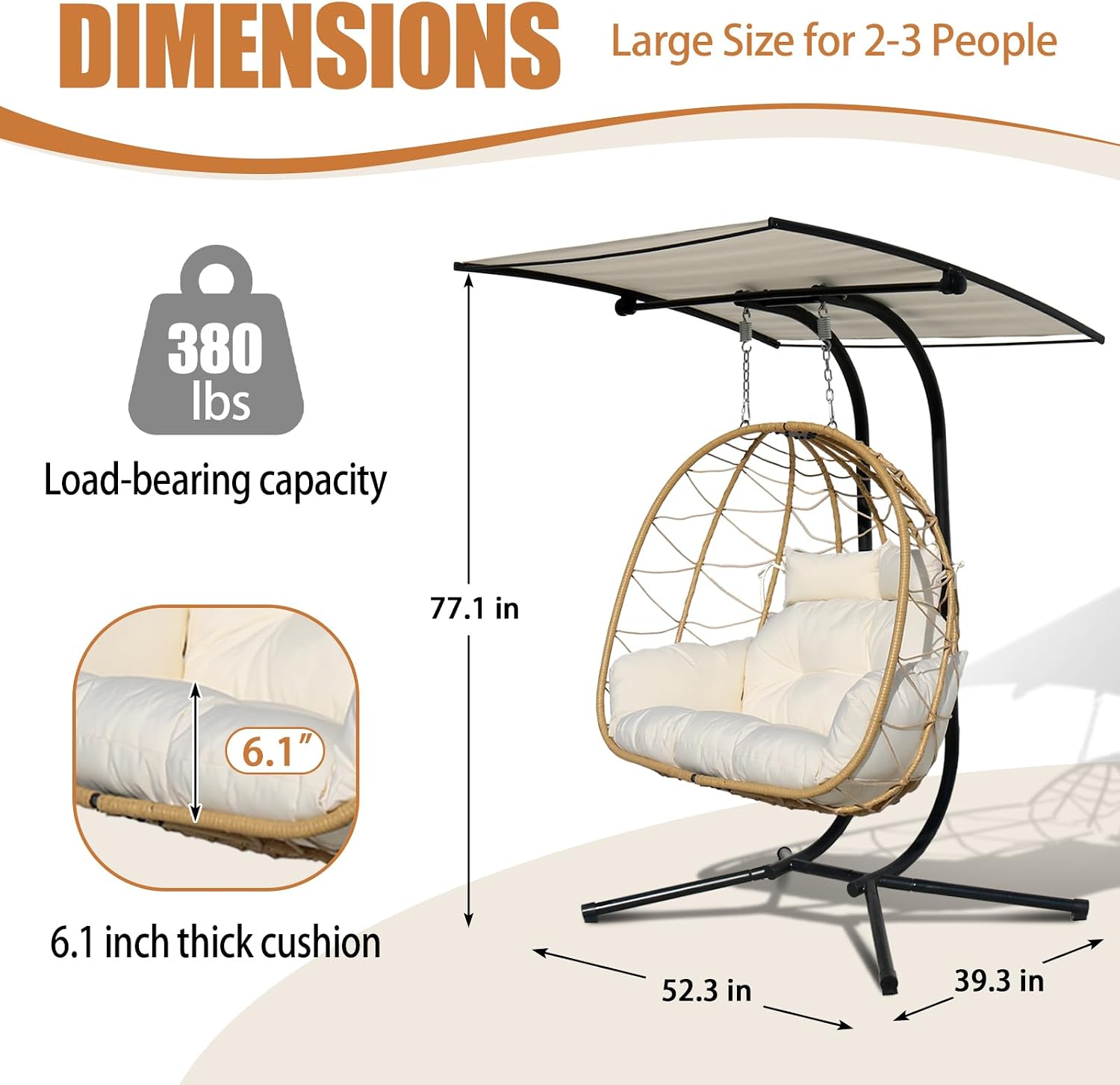 Double Egg Swing Chair With Stand & Adjustable Canopy, Outdoor Indoor Hanging Egg Chair, Handwoven Pe Rattan Loveseat With Uv-Resistant Cushions, 680Lbs Capacity For Patio, Garden, Balcony (White)