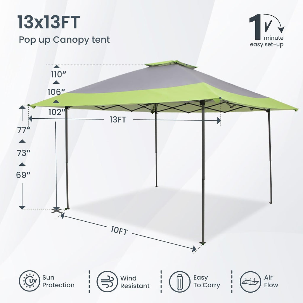 PHI VILLA Pop-Up Canopy Tent 13x13 Instant Shelter with Wheeled Bag, 150D Oxford Fabric, Green