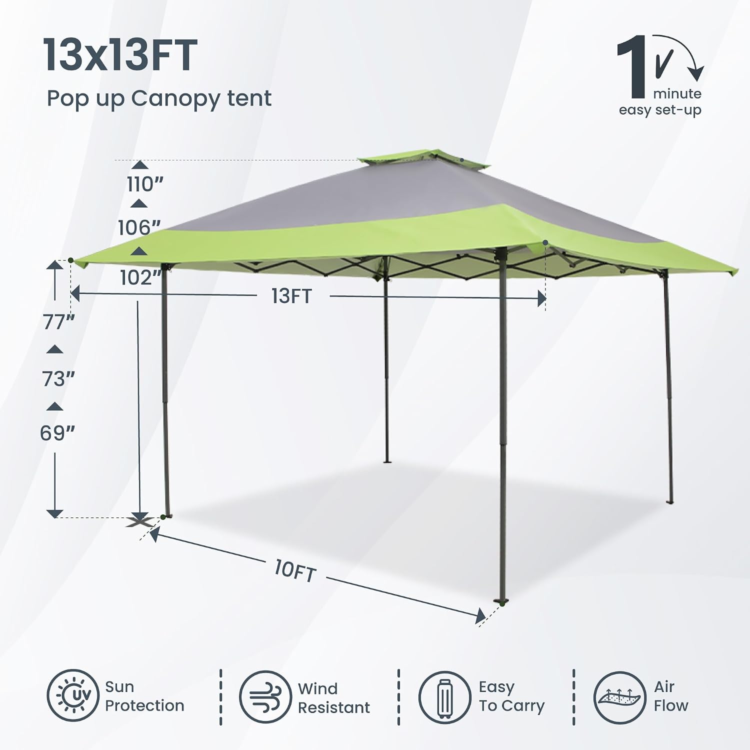 PHI VILLA Pop-Up Canopy Tent 13x13 Instant Shelter with Wheeled Bag, 150D Oxford Fabric, Green