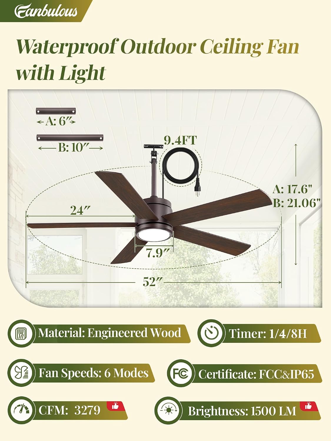 52 In Outdoor Ceiling Fan Hanging Fan Outdoor Ceiling Fans, Waterproof, with Light, Remote, 52 In, Wet Rated, IP65, 6 Speed, 3CCT, Plug in, for Patios, Porch, Gazebo, Oil-Bronze