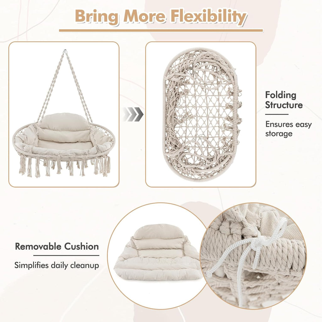 RELAX4LIFE Hammock Macrame Swing Chair - Swinging Chair w/Removable Cushion & Handwoven Tassels, Max 440 LBS, Indoor Outdoor Hanging Chair for Bedroom Patio Porch, Boho Hammock Swing (52 x 26 inch)