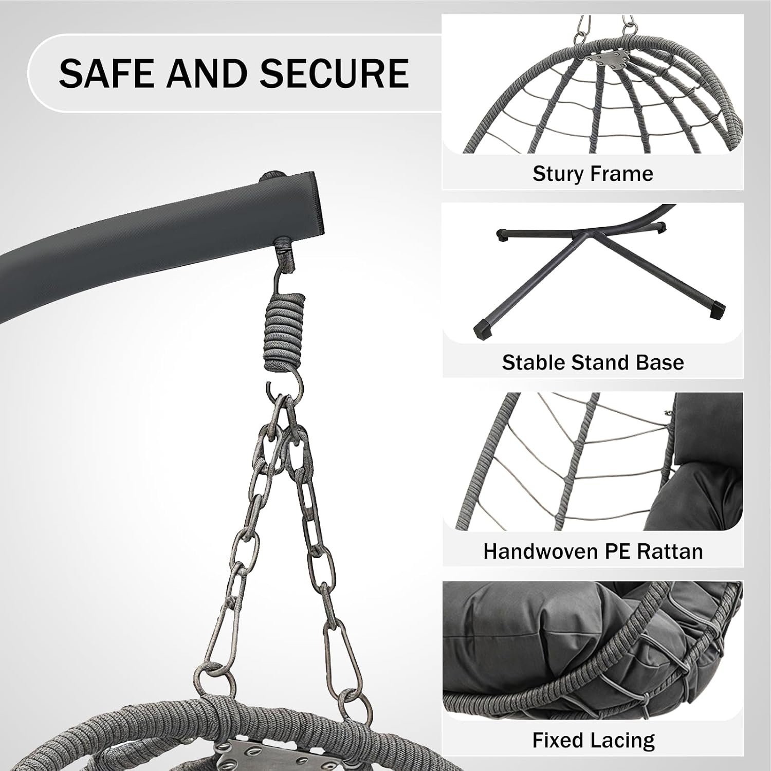 Hanging Egg Chair with Stand, Outdoor Indoor Rattan Wicker Swing Chair, Foldable Patio Hammock with Cushion, Dark Grey, 350 LBS Capacity (Dark Grey)