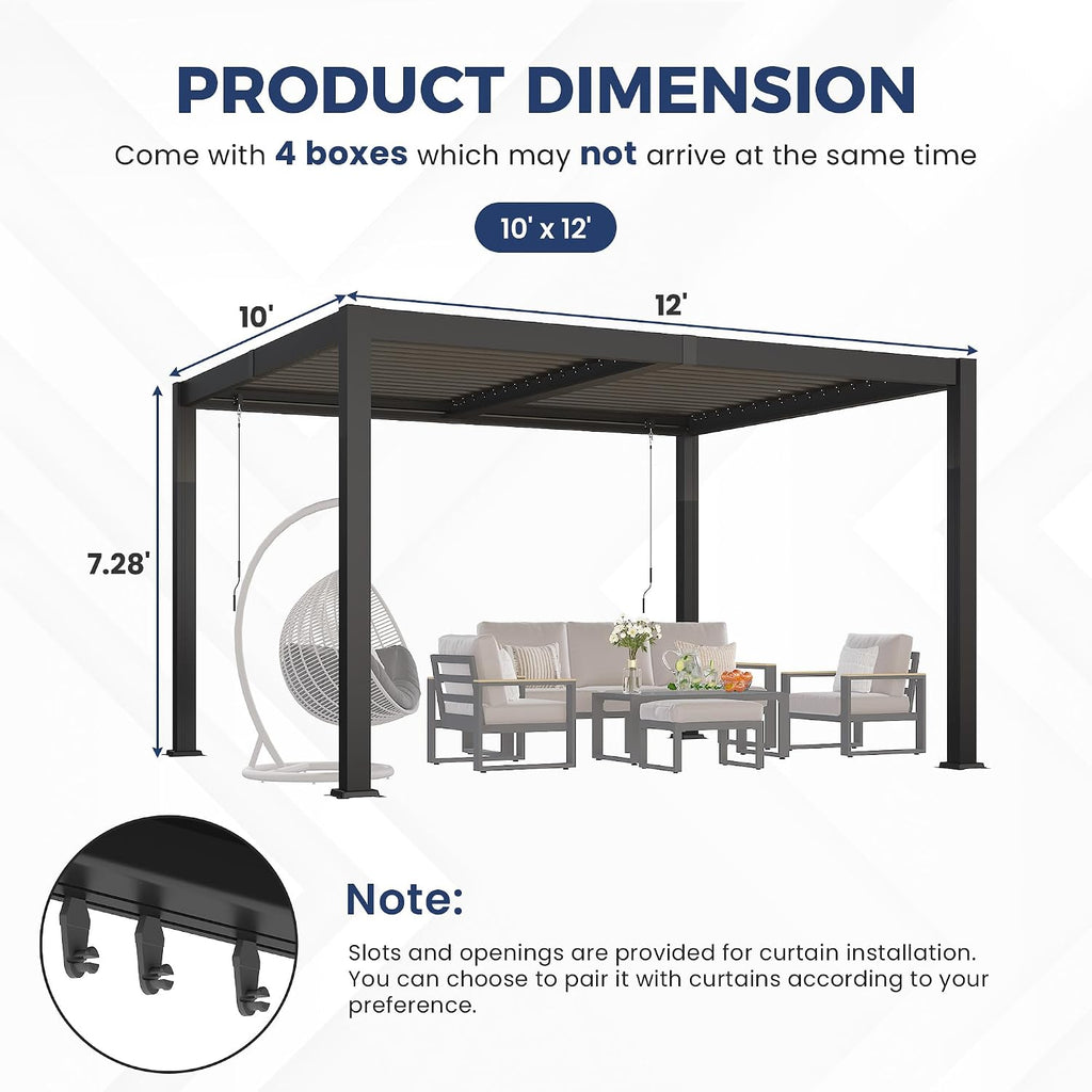 Louvered Pergola 10'x12', Full Metal Outdoor Pergola with Adjustable Proof and Gutter System, Metal Hardtop Gazebo for Patio, Deck, Garden, Yard, Dark Gray