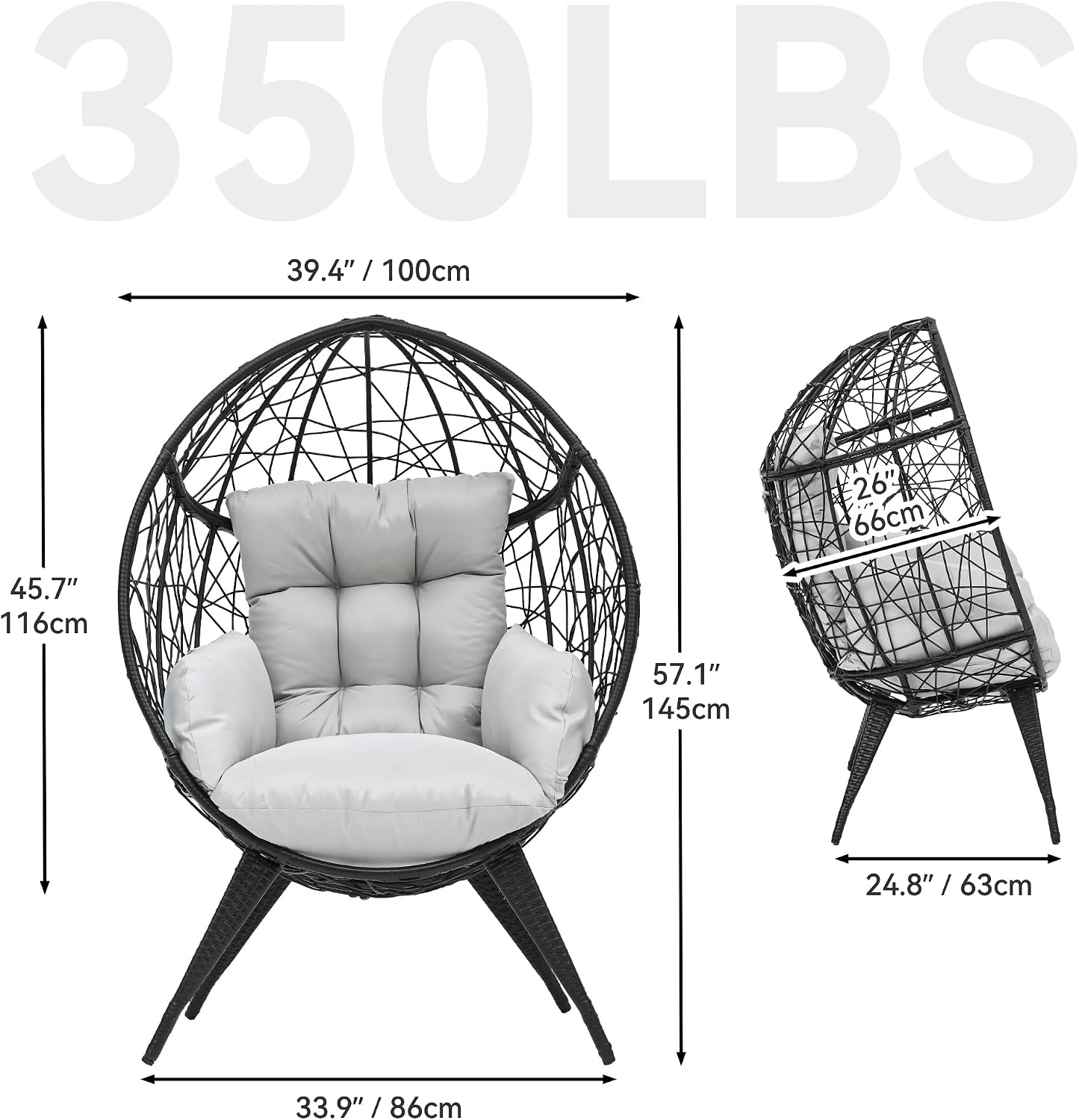 YITAHOME Large Wicker Egg Chair with Stand for Indoor and Outdoor, Cushion, and Adjustable Leveling Feet, Large Lounger for Garden, Patio, Balcony, Backyard,Supports up to 330lbs, Gray