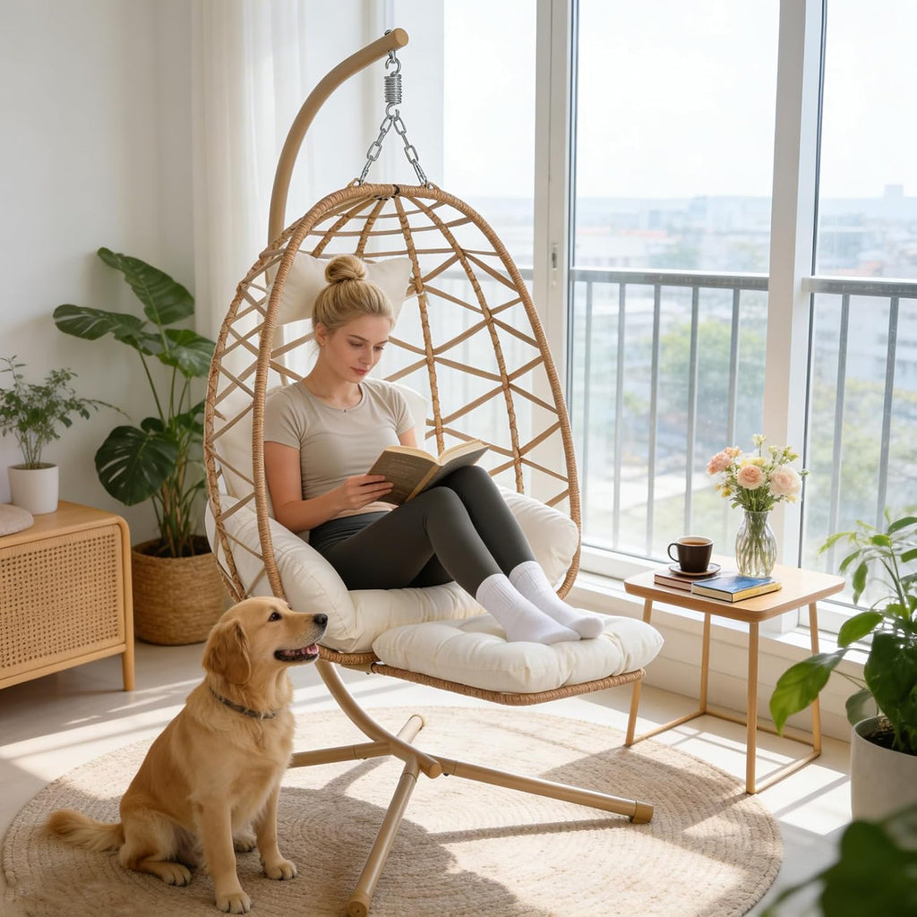 Hanging Egg Chair with Stand & Leg Rest,Rattan Wicker Swing Chair with Cushion,Patio Basket Hanging Chair Wicker Hammock Chair for Indoor Outdoor Bedroom Garden,300LBS (Yellow Rattan&Cream Cushion)
