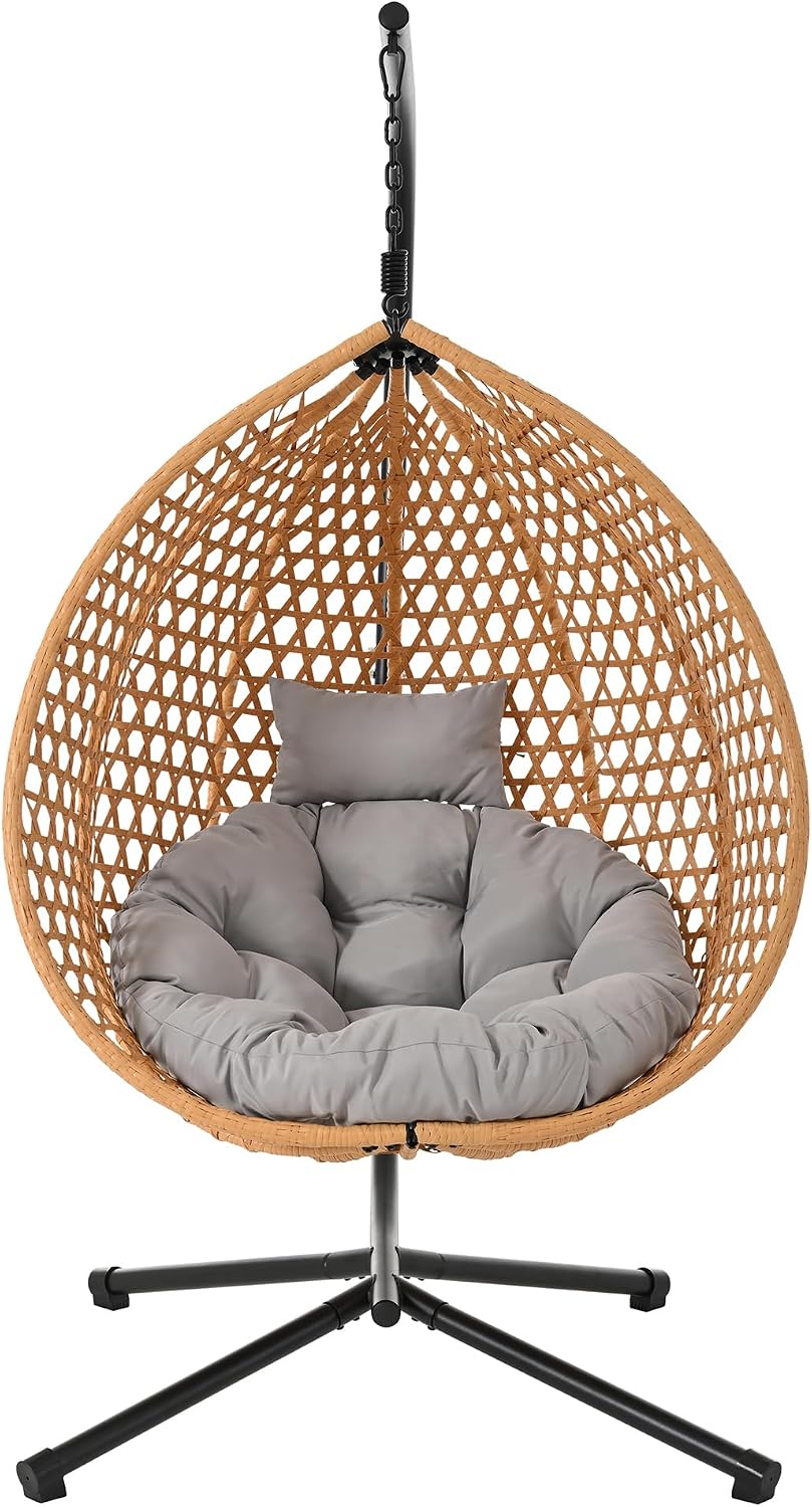 Egg Hanging Chair with Stand, Indoor Outdoor Hammock Egg Chair with Cushion for Patio Bedroom Balconyg Egg Chair (Brown+Yellow,Grey)