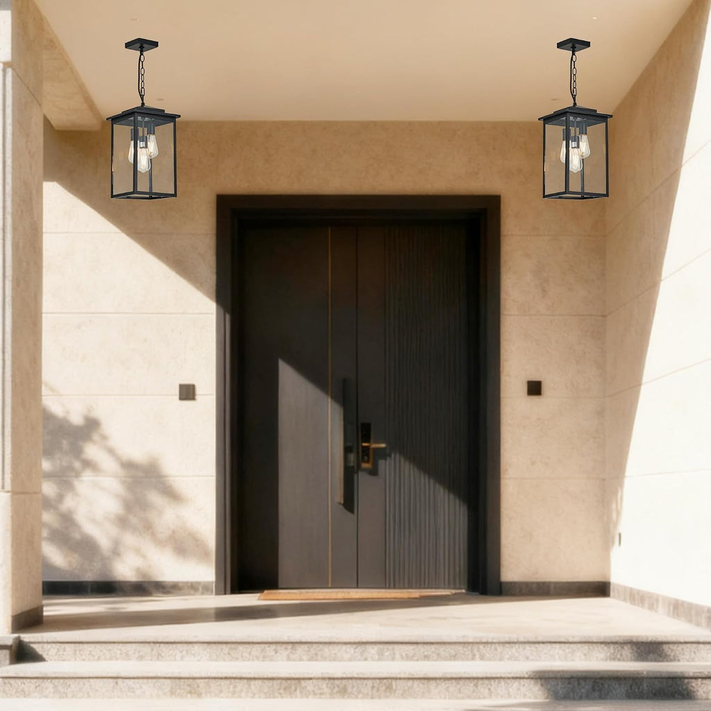 Outdoor Hanging Light Fixture 3-Light, Modern Black Metal Outside Chandelier Exterior Hanging Fixture Ceiling Mount with Clear Glass Shade for Front Porch Entrance Foyer Entryway(Bulbs not Included)
