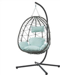 Wicker Hanging Chair with Stand,Indoor/Outdoor Swing Egg Chair with Cushion,Hammock Chair for Bedroom Living Room Patio Balcony Porch Garden,350Lbs Capacity Blue 1 Seat