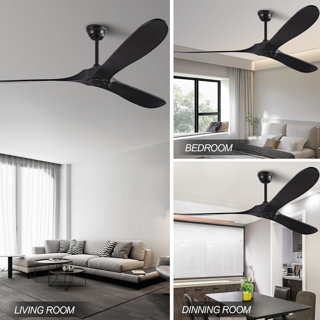 72' Ceiling Fans without Lights, Solid Wood Ceiling Fan No Light with Remote Control Smart and Unique Modern Fan with 3 Blades, DC Motor Indoor Outdoor for Farmhouse and Gazebo, Matte Black