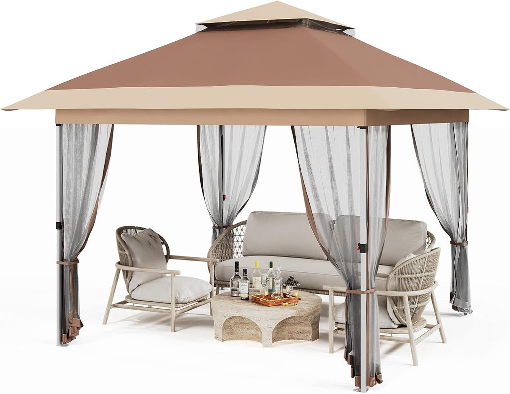 Pop Up Gazebo, 10x10 Outdoor Canopy Tent with Mosquito Netting, Pop Up Canopy Tent with Curtains/Adjustable Height/Wheeled Carrying Bag for Patio Garden Backyard Lawn