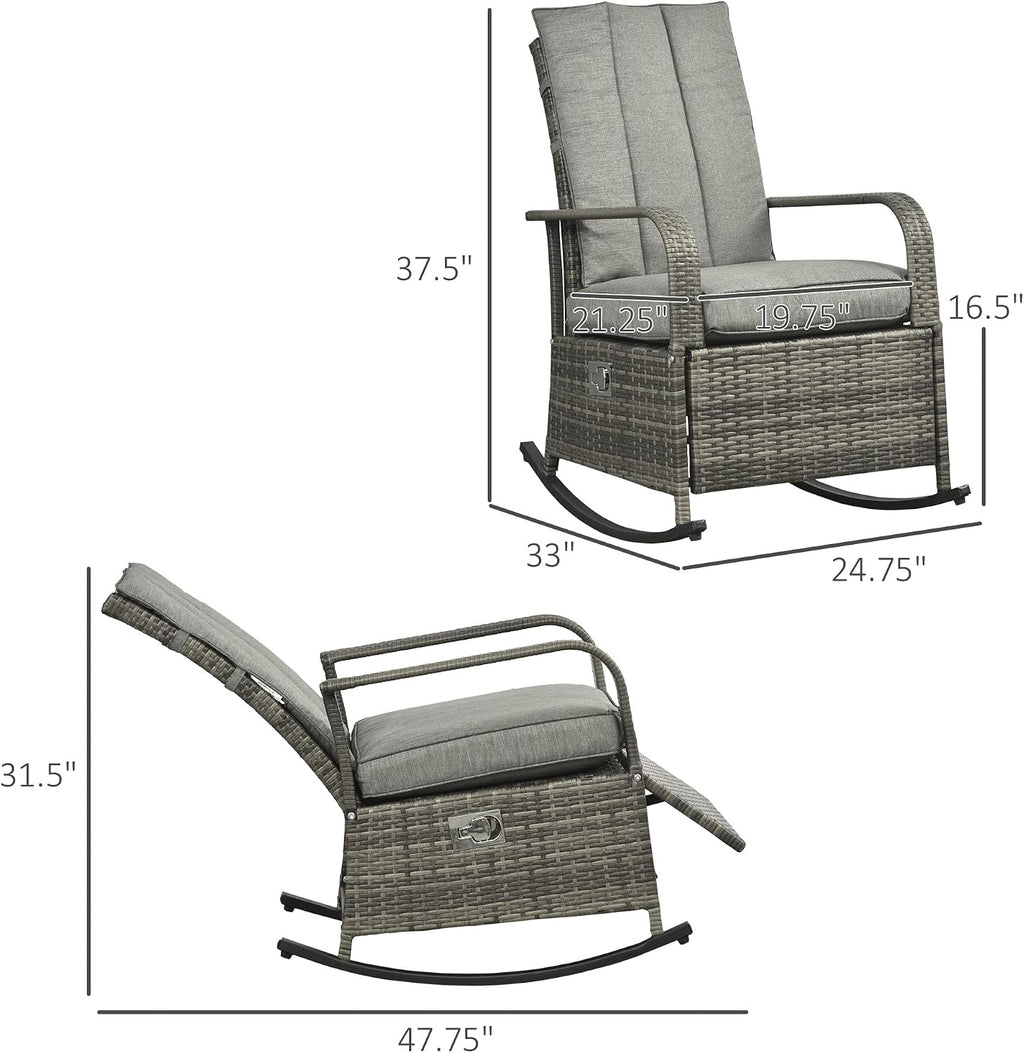 Outsunny Wicker Outdoor Rocking Chair, Patio Recliner with Adjustment Backrest, PE Rattan Lounge Chair with Adjustable Footrest and Cushions for Garden, Backyard, Porch, Gray