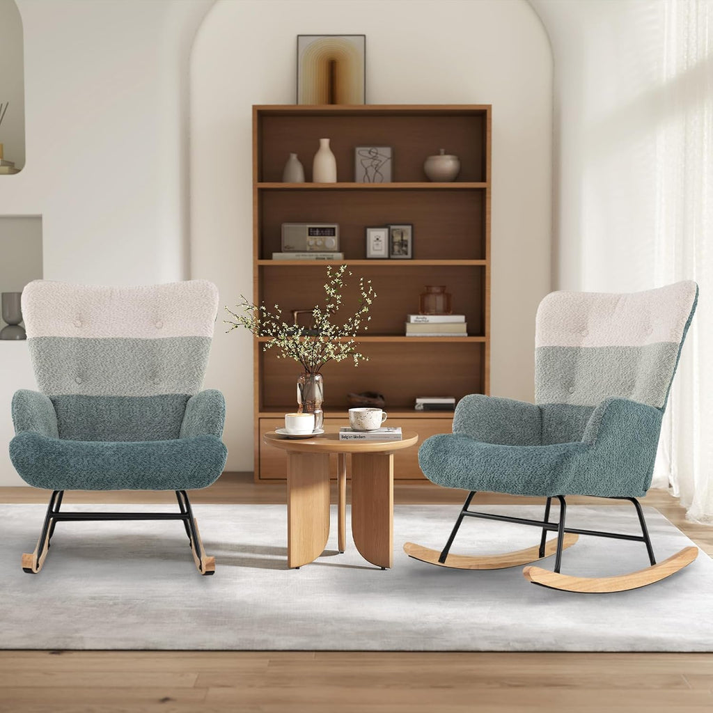 Giantex Nursery Rocking Chair Set of 2, Boucle Upholstered Glider Rocker Accent Chair w/Ergonomic High Backrest, Rubber Wood Legs & Side Pocket, Modern Armchair for Living Room, Bedroom, Striped Green