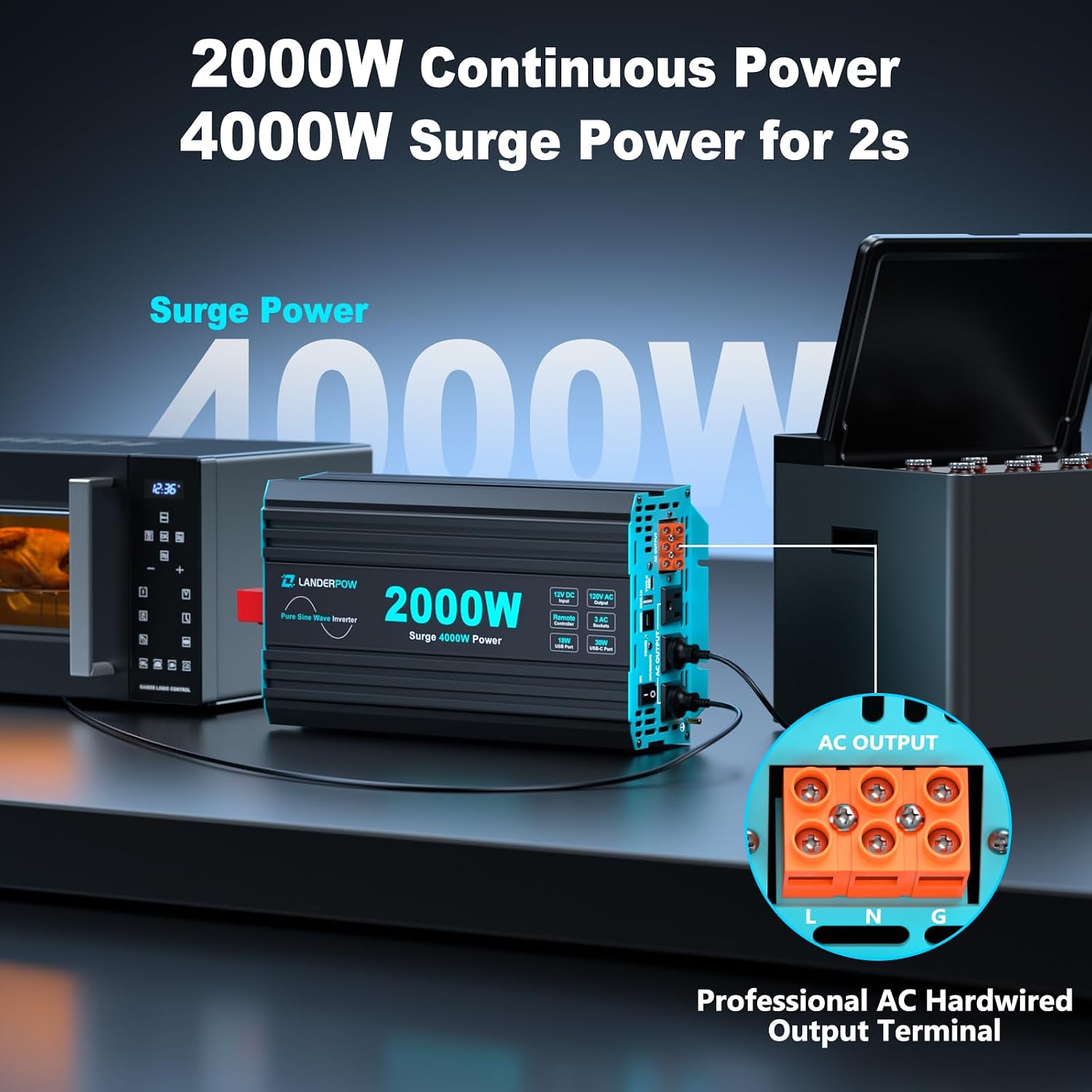 Pure Sine Wave Inverter 2000 Watt, 12V DC to 120V AC Inverters for RV, Truck, Solar, Home, Power Inverter with 3 AC Outlet, 30W USB-C, 5V 3.1A USB, Hardwire Port, Remote Control, Surge 4000W