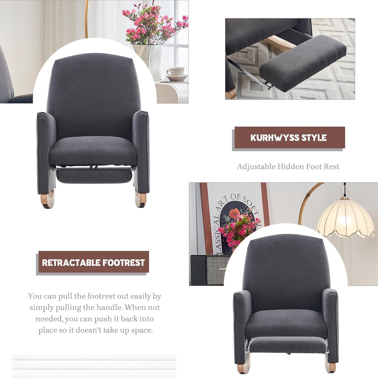 Modern Rocking Chair Nursery, Comfy Glider Nursery Chair with Foot Rest, Upholstered Rocker with Pocket, Accent Reading Armchair with Solid Wood Base for Living Room, Bedroom, Lounge Room (Dark Gray)
