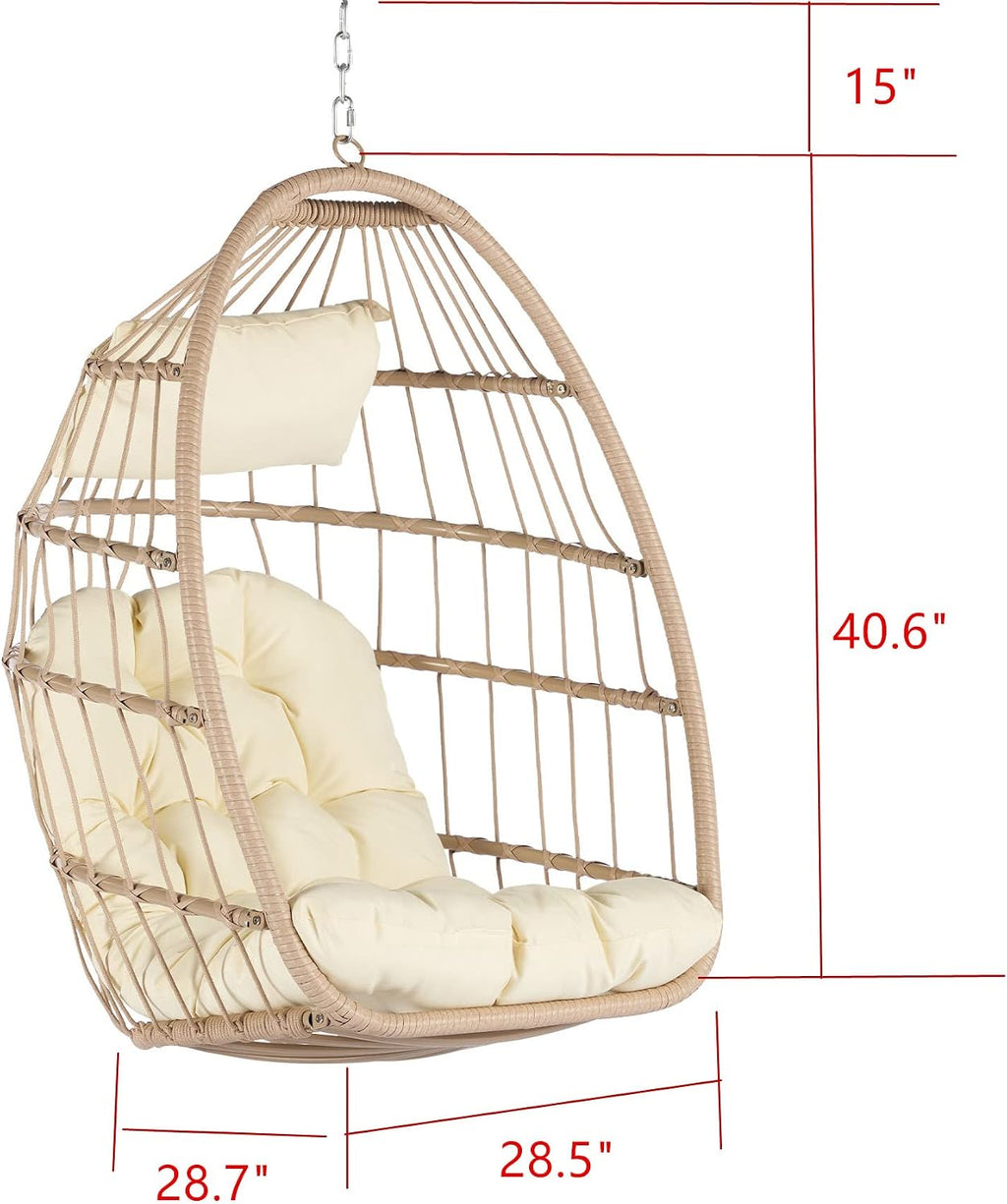 Outdoor Garden Rattan Egg Swing Chair,Foldable Wicker Egg Hanging Chair for Bedroom,Living Room,Deck,Supprt Up to 360 lbs (Khaki)
