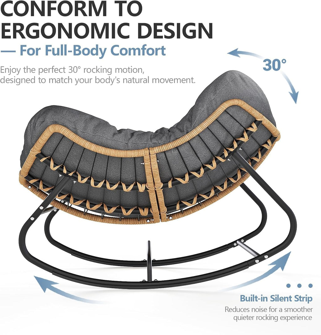 SWITTE Outdoor Rocking Chair, Oversized Patio Papasan Rocker, Comfy Wicker Reading Lounge, Indoor Bed-Like Egg Chair for Bedroom,Balcony, Porch, Garden, Dark Grey