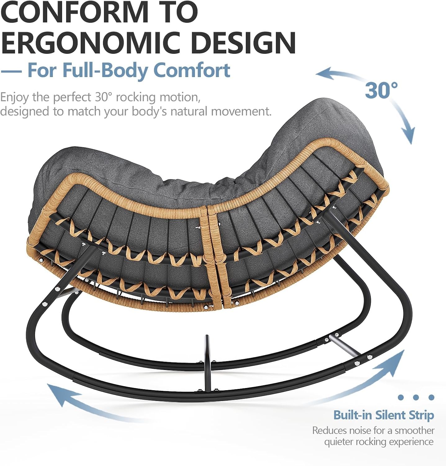 SWITTE Outdoor Rocking Chair, Oversized Patio Papasan Rocker, Comfy Wicker Reading Lounge, Indoor Bed-Like Egg Chair for Bedroom,Balcony, Porch, Garden, Dark Grey