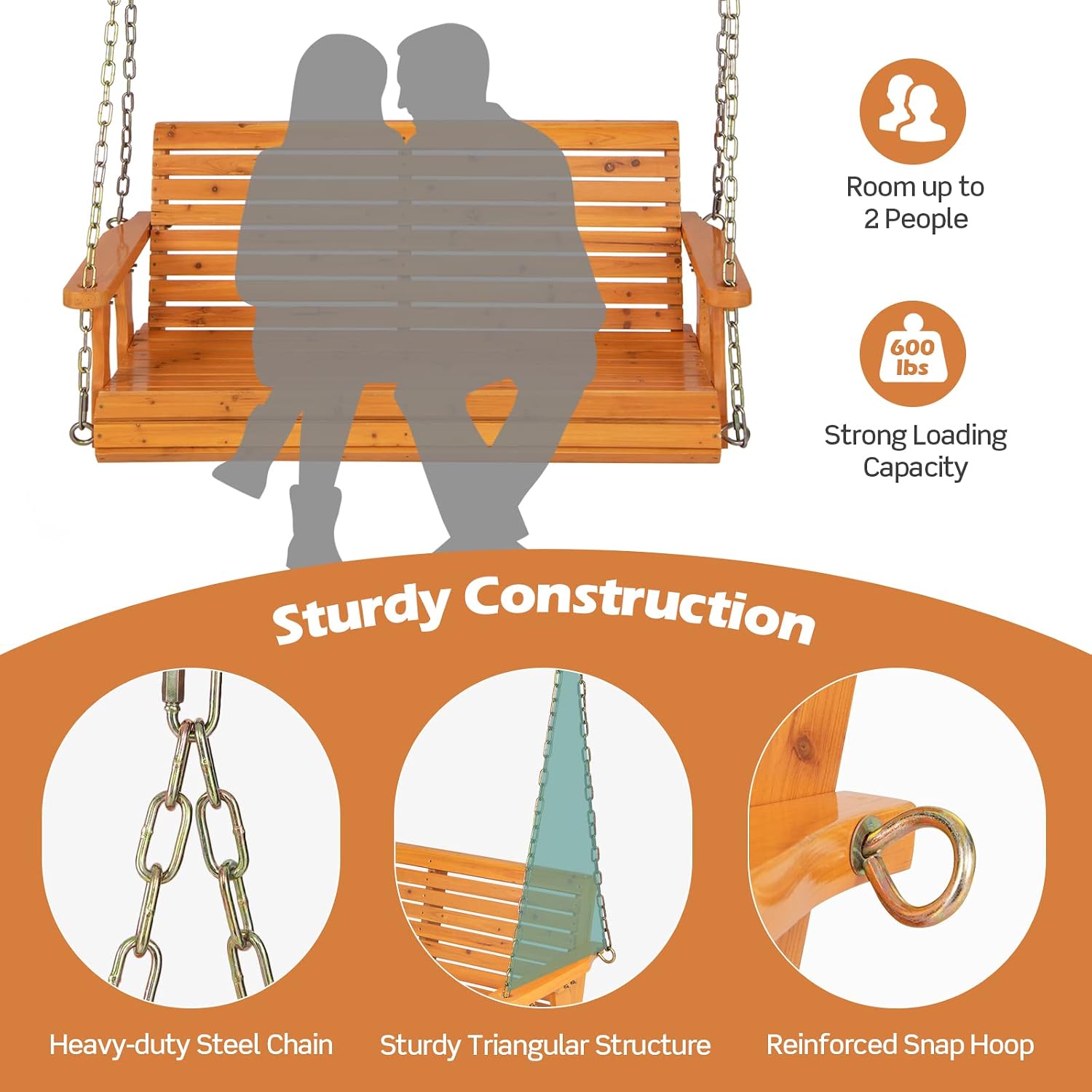 Giantex Wooden Porch Swing 2 Seat - Outdoor Swinging Chairs with Hanging Chains, 600 lbs Weight Capacity, 4 FT Finished Fir Wood Bench Swing for Patio, Outside, Garden, Lawn, Backyard (Orange)