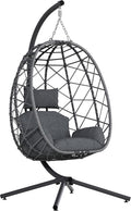SWITTE Hanging Egg Chair with Stand, Outdoor Indoor Rattan Wicker Egg Swing Chair with Cushion, Heavy Duty Patio Hammock Chairs for Garden Backyard Balcony Bedroom, 400LBS Capacity, Dark Grey