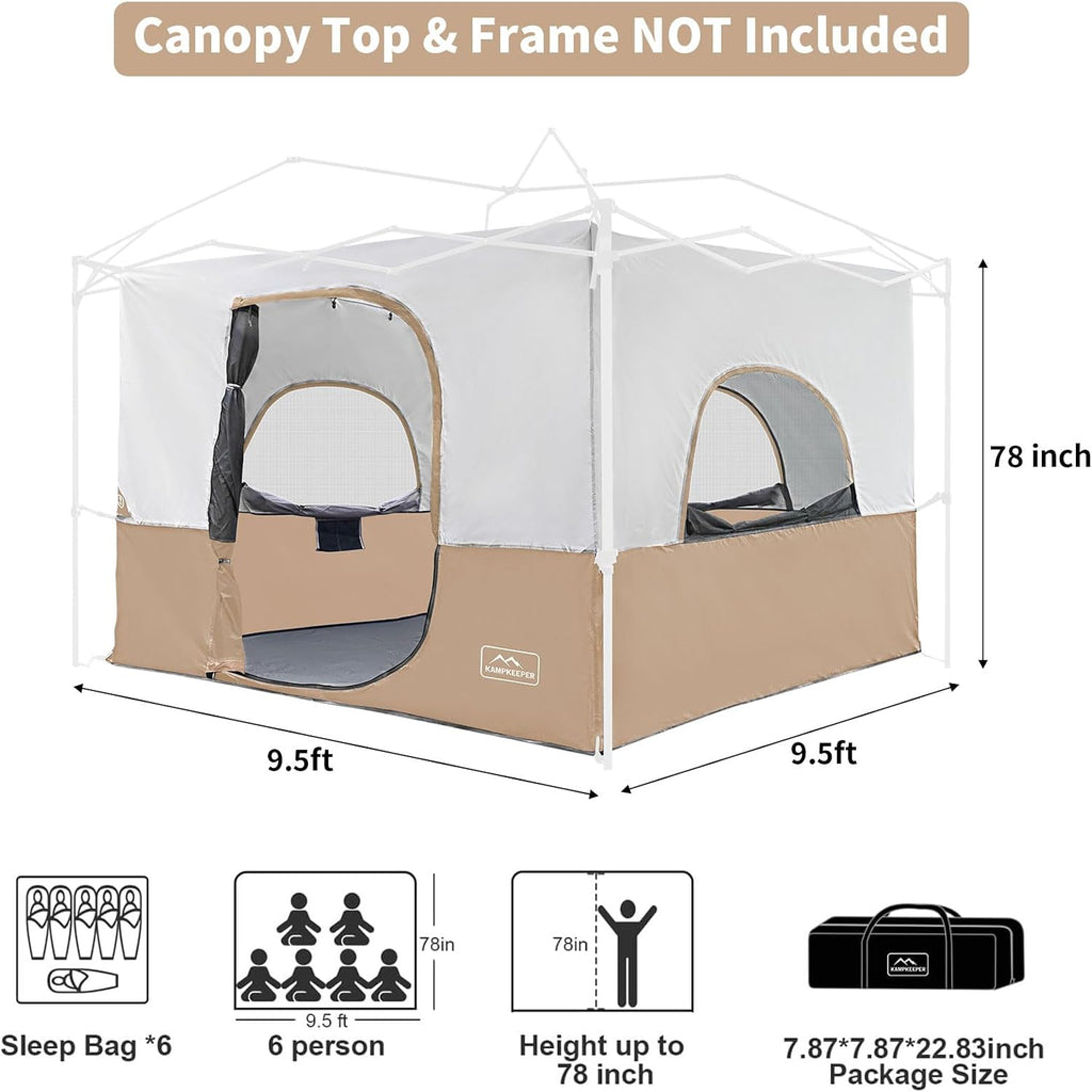 KAMPKEEPER Camping Inner Tent for Pop Up Canopy, Converts 10'x10' Straight Leg Canopy into Camping Tent–Fully Vented Roof(Top & Frame NOT Included) (Khaki, Classic)