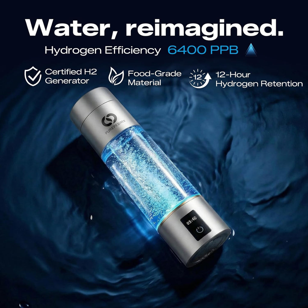 PUREPEBRIX Hydrogen Water Bottle - IHSA Certified 6400 PPB Portable Hydrogen Water Maker - Health Gift for Parents, Molecular Hydrogen Water (Silver)