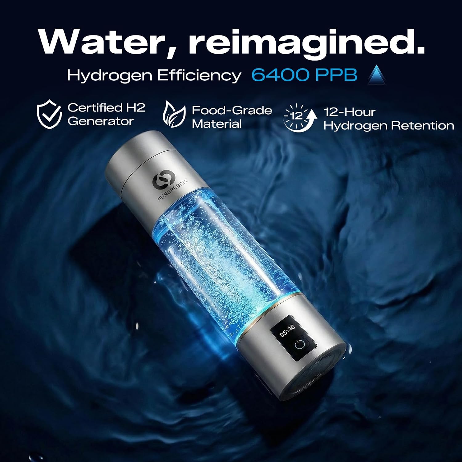 PUREPEBRIX Hydrogen Water Bottle - IHSA Certified 6400 PPB Portable Hydrogen Water Maker - Health Gift for Parents, Molecular Hydrogen Water (Silver)